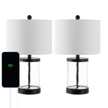 Alexander 21" Modern Designer Iron/Water Glass LED Table Lamp with USB Charging Port - JONATHAN Y